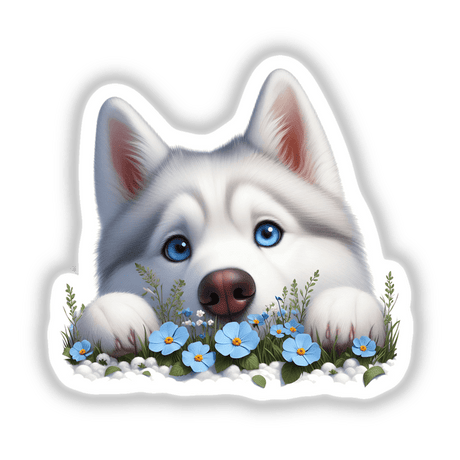 Peeking White Husky Dog in Bed of Flowers