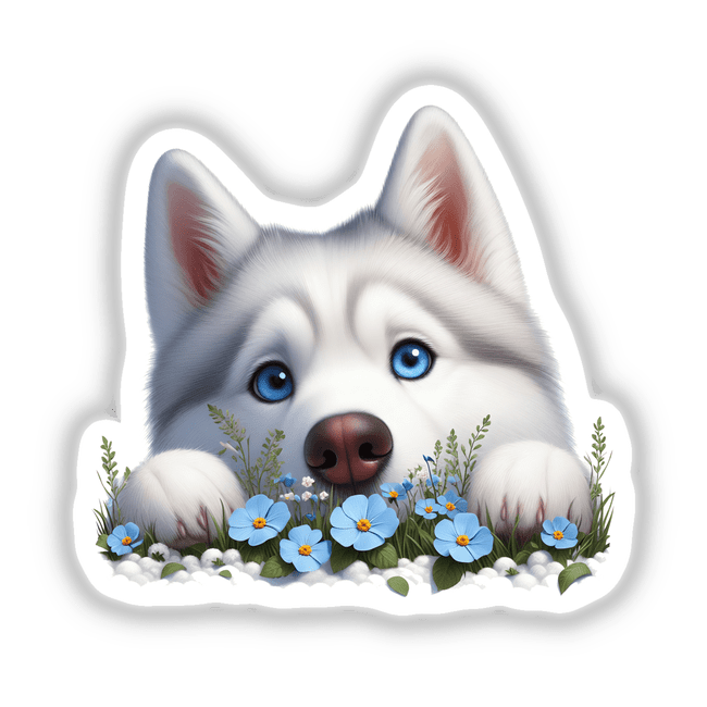 Peeking White Husky Dog in Bed of Flowers