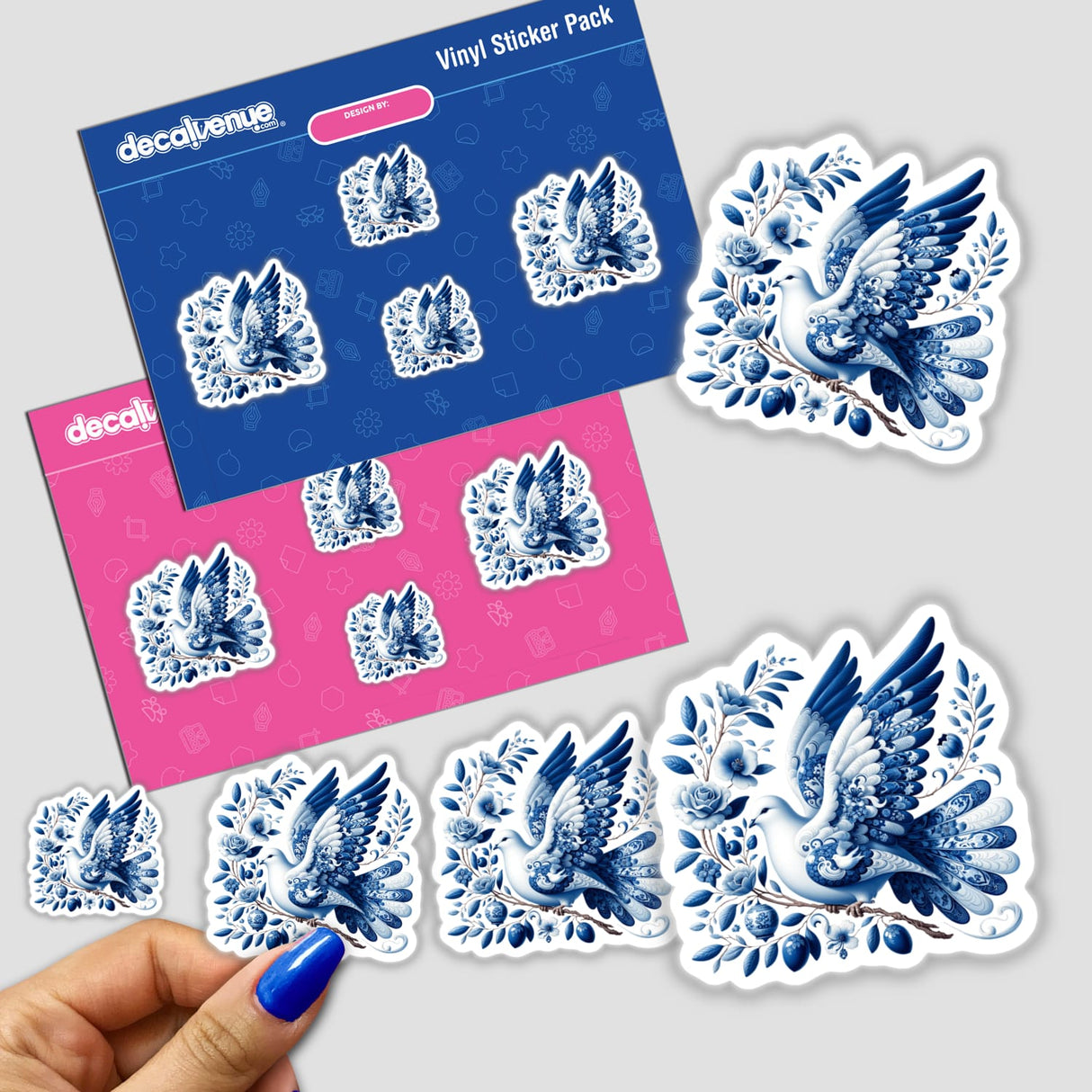 Chinoiserie Dove with Olive Branch sticker, featuring a detailed white and blue bird perched on a branch surrounded by flowers, available as part of Decal Venue's unique sticker collection.