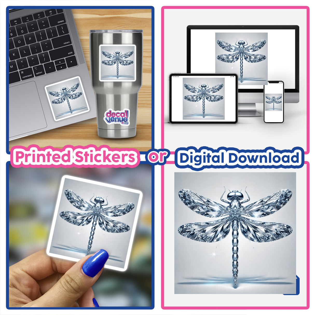 Collage featuring Diamond Dragonfly stickers and digital artwork, highlighting intricate diamond designs on dragonflies, close-ups, and various digital displays.