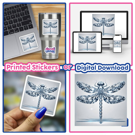 Collage featuring Diamond Dragonfly stickers and digital artwork, highlighting intricate diamond designs on dragonflies, close-ups, and various digital displays.