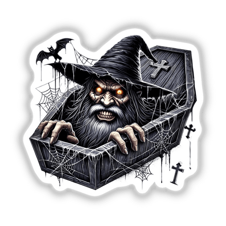 Spooky Halloween wizard emerging from creepy coffin, with bats, spider webs, and crosses in the background