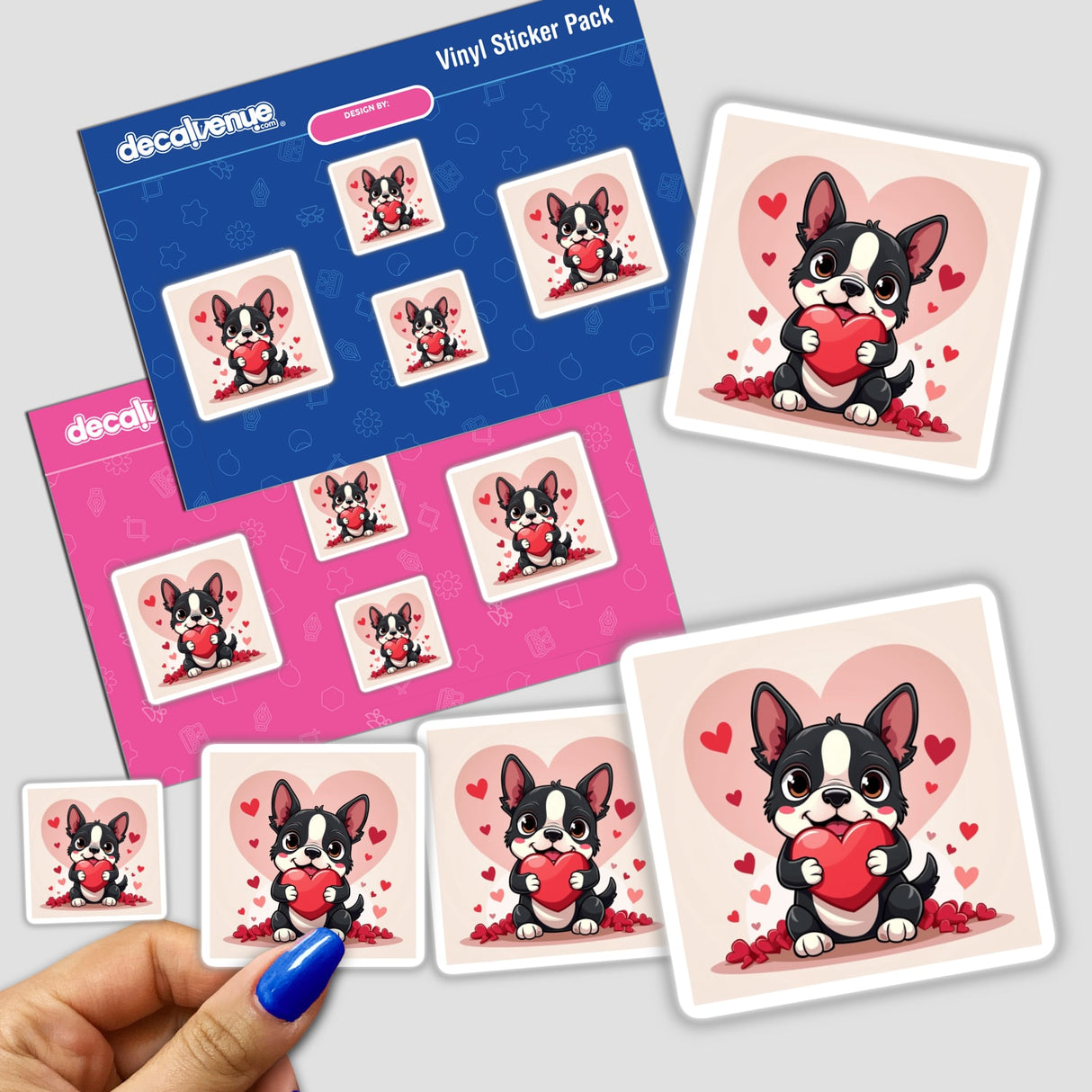 Valentine’s Day Boston Terrier Sticker & Clipart featuring a cartoon dog holding a heart, available as stickers or digital artwork with commercial rights from Decal Venue.