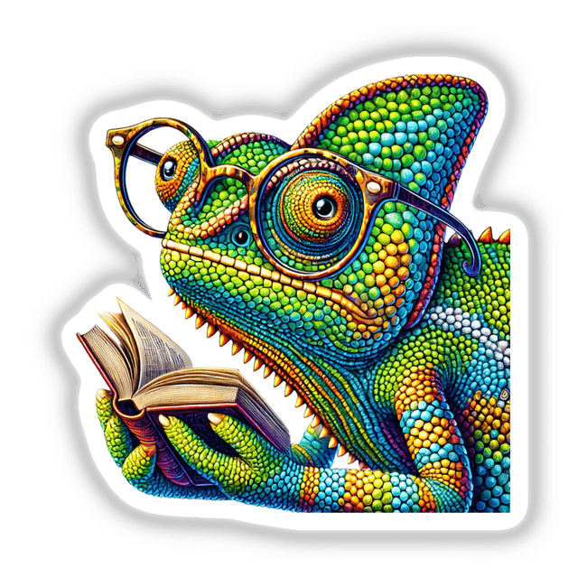 Chameleon With Reading Glasses Open Book: An artistic depiction of a chameleon wearing glasses and reading, available as vinyl stickers or digital artwork, embodying Decal Venue's unique design ethos.