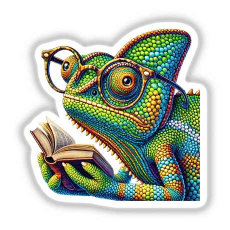 Chameleon With Reading Glasses Open Book: An artistic depiction of a chameleon wearing glasses and reading, available as vinyl stickers or digital artwork, embodying Decal Venue's unique design ethos.