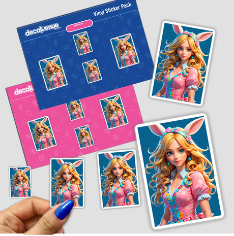 Hand holding stickers featuring a cartoon girl with long blonde hair and bunny ears, titled A Cute Easter Bunny Girl, available as stickers or digital artwork.