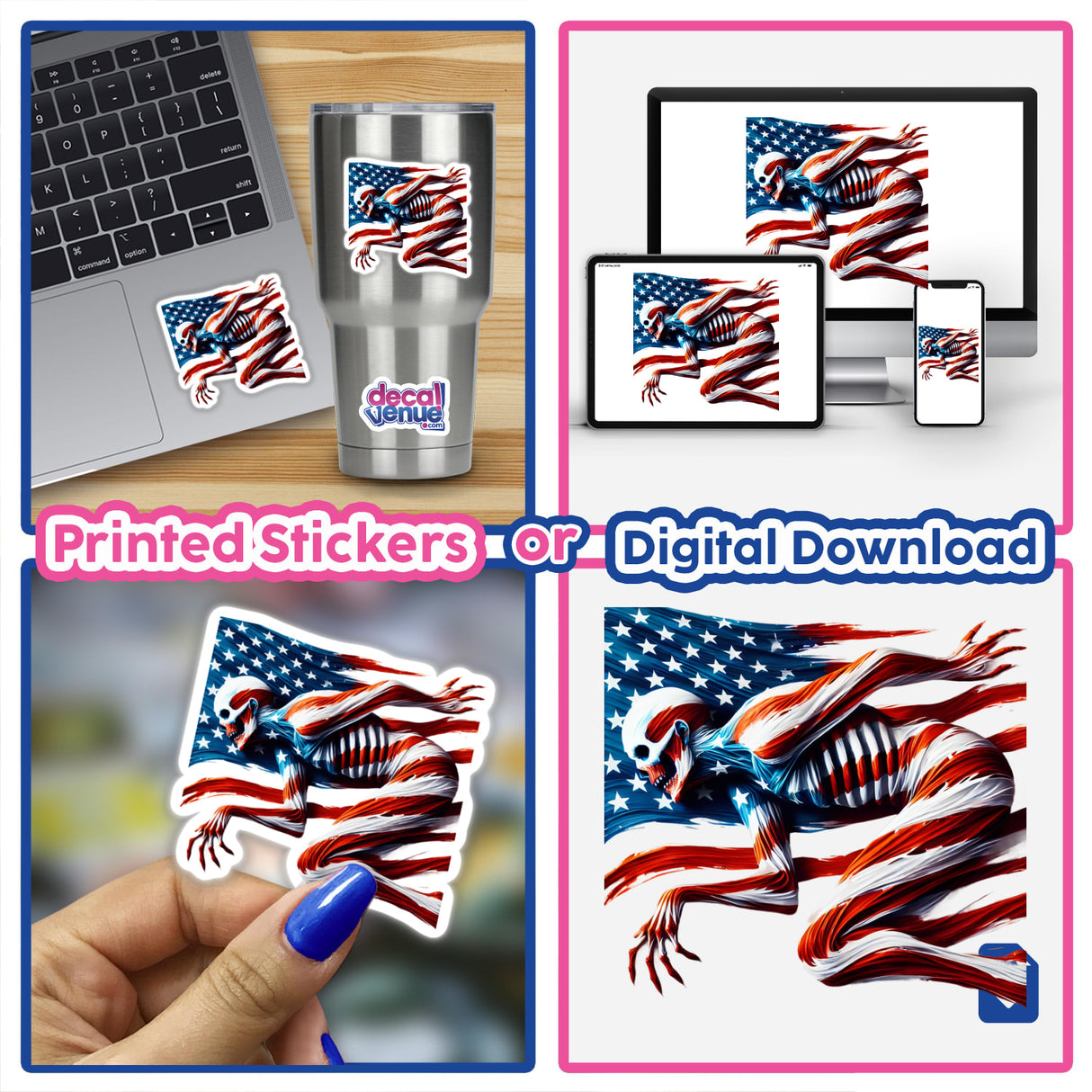 Collage featuring Patriotic Zombie American Flag Stars Stripes stickers on a laptop, cup, and held by a person, emphasizing unique patriotic and spooky designs for digital download or physical use.