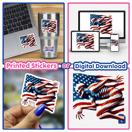 Collage featuring Patriotic Zombie American Flag Stars Stripes stickers on a laptop, cup, and held by a person, emphasizing unique patriotic and spooky designs for digital download or physical use.