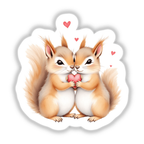 Snuggling Squirrels Holding Heart design features two cartoon squirrels embracing a heart, ideal for stickers or digital artwork, capturing love and nature's charm from Decal Venue.