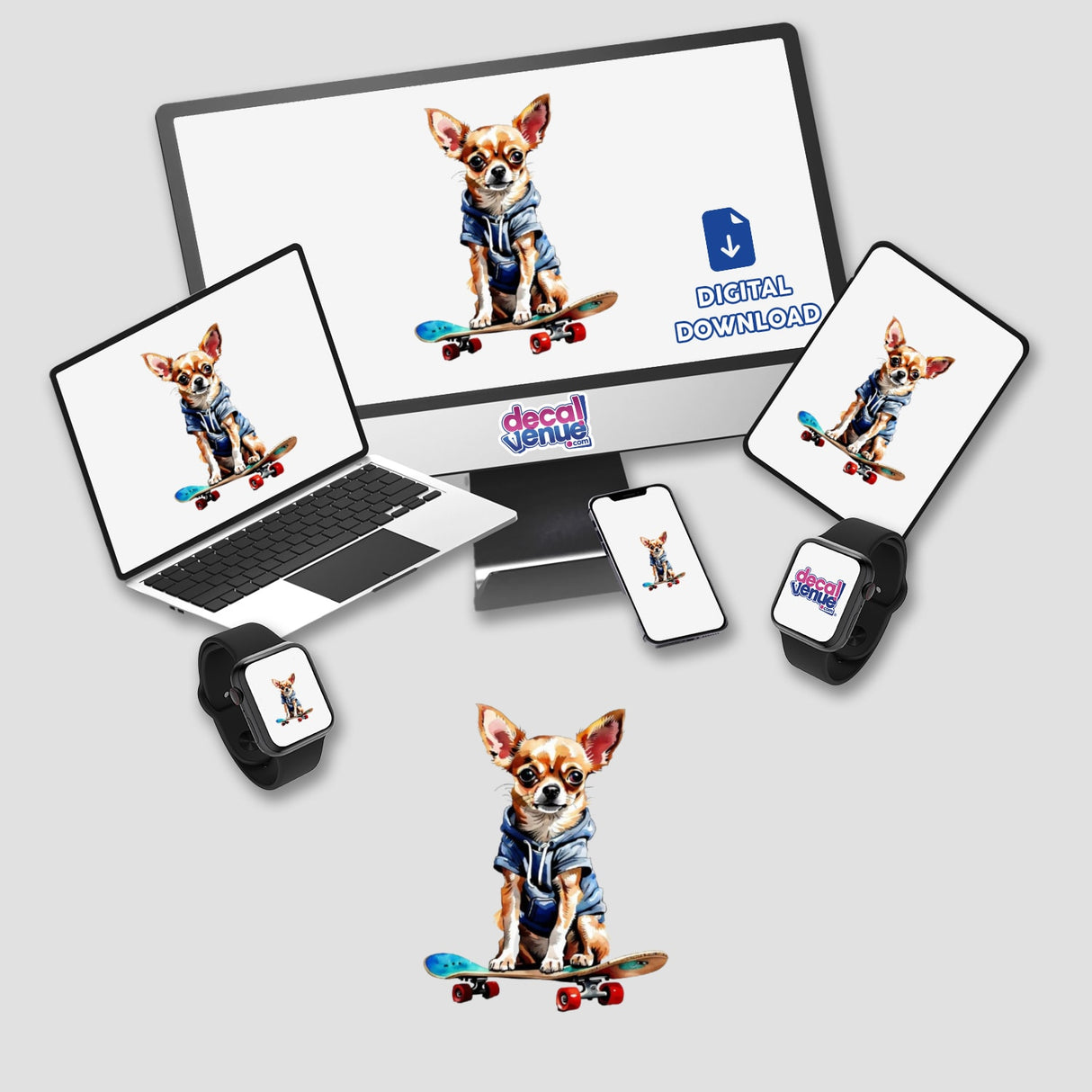 Cute Skateboarding Chihuahua Clipart – Stickers or Commercial Use Download featuring a laptop and monitor displaying a cartoon chihuahua on a skateboard, perfect for unique digital artwork or stickers.