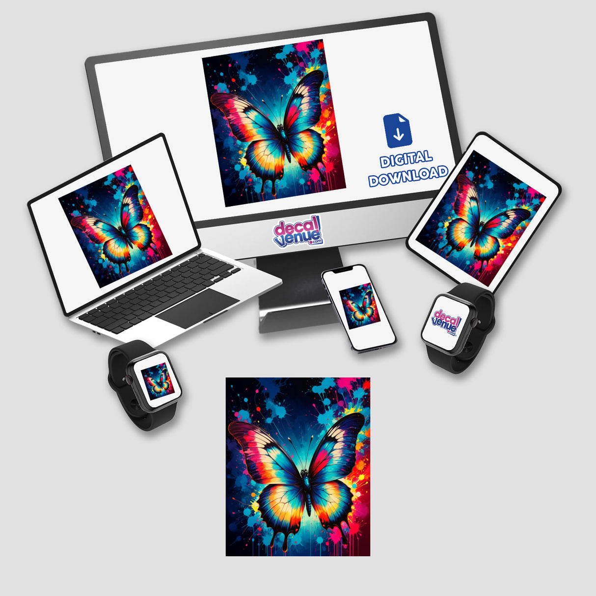 A Pretty Colorful Butterfly displayed on screens, available as stickers or digital artwork from Decal Venue, showcasing unique designs on a computer monitor, laptop, tablet, and phone.