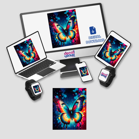 A Pretty Colorful Butterfly displayed on screens, available as stickers or digital artwork from Decal Venue, showcasing unique designs on a computer monitor, laptop, tablet, and phone.