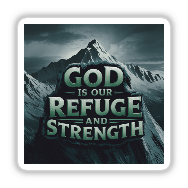 God is Our Refuge and Strength Sticker & Clipart features a stylized mountain with a Christian quote from Psalm 46:1, ideal for spiritual and inspirational decor.