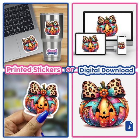 Vibrant digital artwork of a happy, colorful pumpkin with a leopard-print bow, showcased on various product mockups including a laptop, smartphone, and sticker. The pumpkin features a playful, whimsical design with intricate patterns and textures, creating a visually striking and eye-catching image.