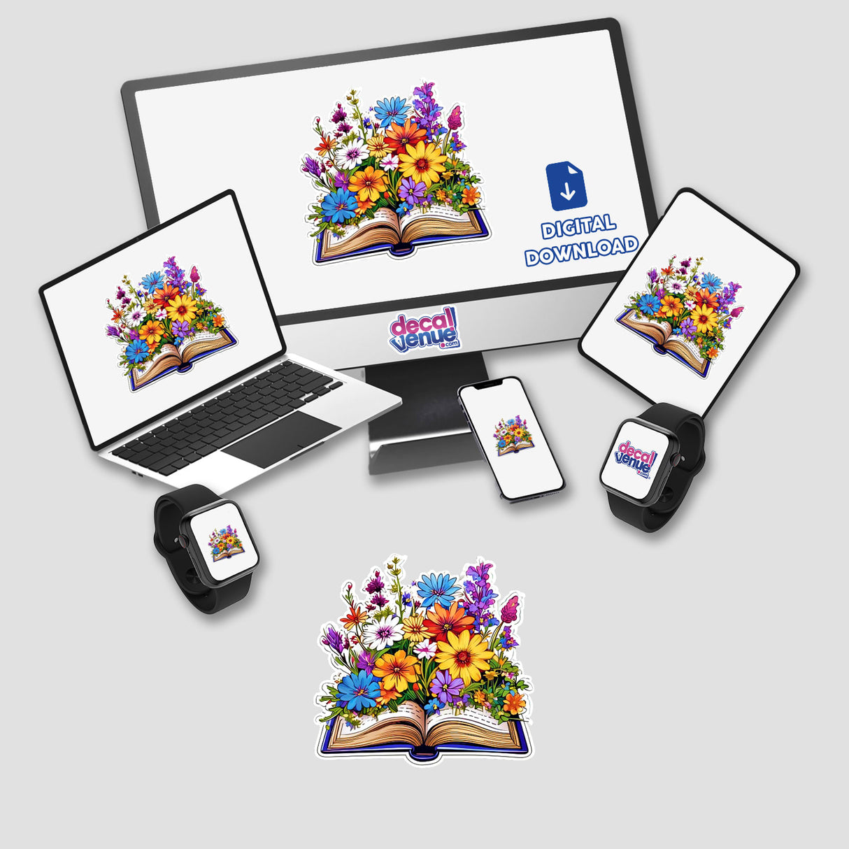 Colorful floral digital artwork displayed on various electronic devices, including a laptop, smartphone, and smartwatch. The artwork features a book with vibrant flowers and plants bursting out of the pages, suggesting a digital download or sticker design theme.