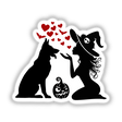 Whimsical silhouettes of a witch and German shepherd dog with floating red hearts, Halloween pumpkin in foreground against white background