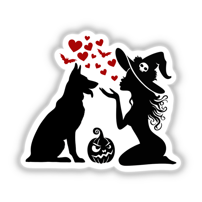 Whimsical silhouettes of a witch and German shepherd dog with floating red hearts, Halloween pumpkin in foreground against white background