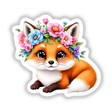 Charming Fox with a Blooming Flower Crown depicted as a cartoon fox adorned with flowers, available as stickers or digital art, capturing whimsical charm.