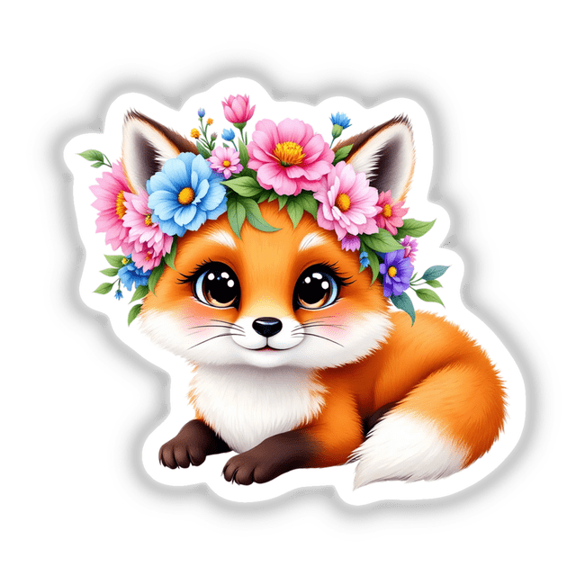 Charming Fox with a Blooming Flower Crown depicted as a cartoon fox adorned with flowers, available as stickers or digital art, capturing whimsical charm.