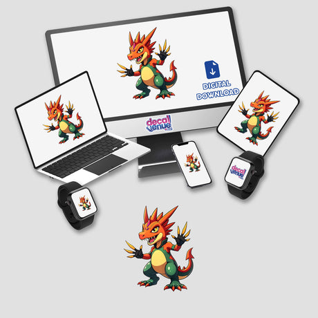 Dino Fighter - Cretaceous Crusher displayed on a computer monitor and laptop, featuring a cartoon dragon. Available as stickers or digital artwork, fitting Decal Venue's unique style.