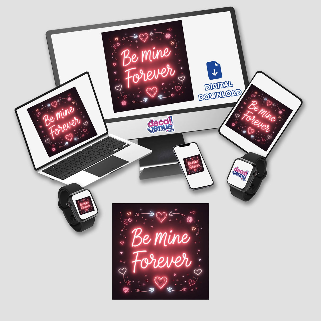 Be Mine Forever Valentine Glow Design displayed on a computer monitor and laptop, featuring a vibrant pink neon sign with hearts and flowers, available as stickers or digital artwork.