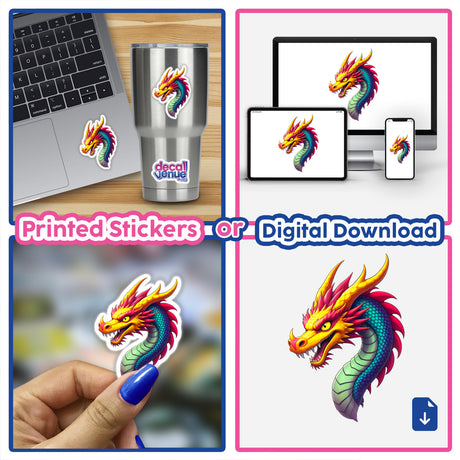 Collage featuring A Cool Fantasy Dragon sticker, showcasing placement on a cup, laptop, and more. Perfect for adding a unique, mystical touch to various surfaces.