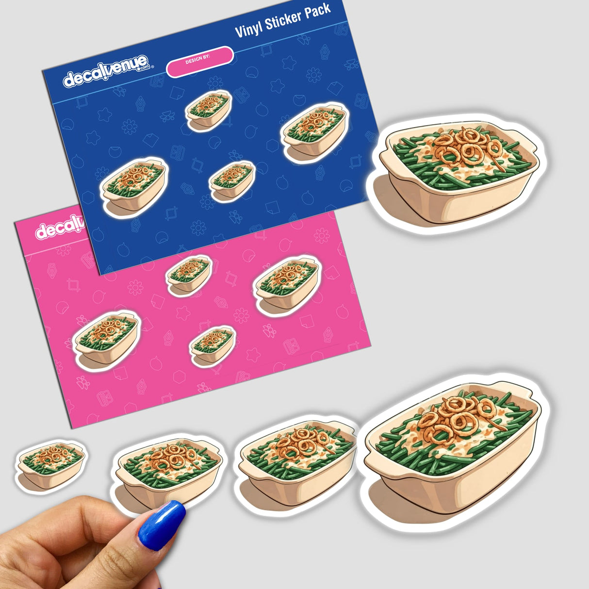 Thanksgiving Green Bean Casserole Clipart - Watercolor Style | Printable Sticker and Digital Download with Commercial Rights, showing a hand holding a sticker pack featuring food illustrations.