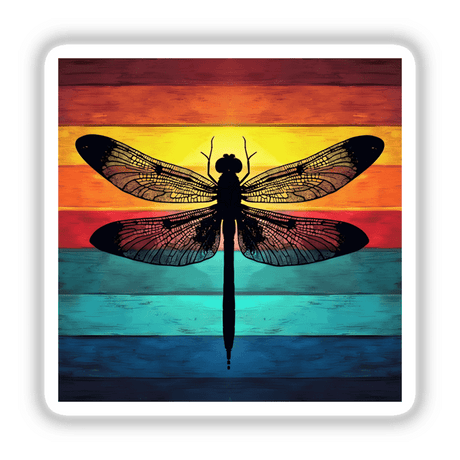 Dragonfly Silhouette with Multi-Color Stripes: A detailed dragonfly artwork set against a vibrant background, available as stickers or digital artwork from Decal Venue.