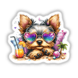 Cute Yorkie puppy wearing colorful heart-shaped sunglasses, lounging on a beach with tropical elements like a palm tree, beach ball, and tropical drink.