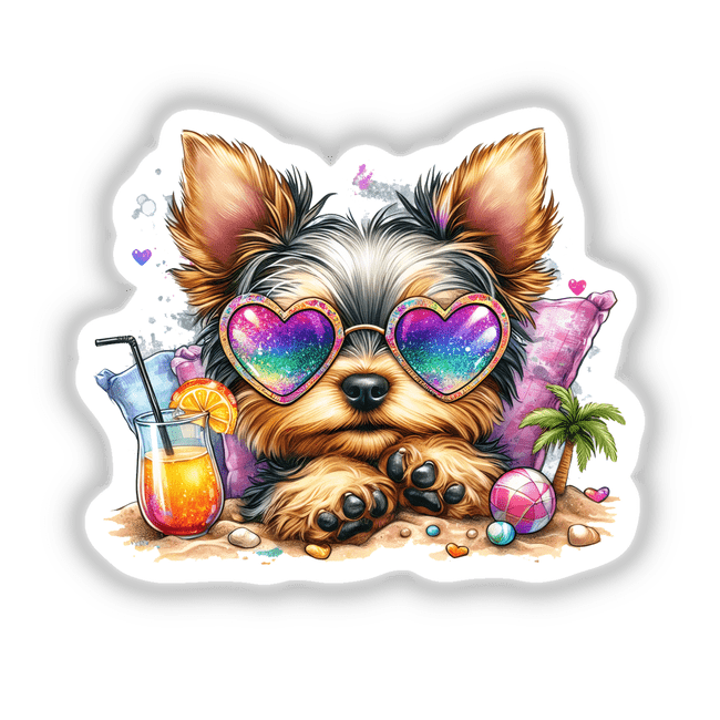 Cute Yorkie puppy wearing colorful heart-shaped sunglasses, lounging on a beach with tropical elements like a palm tree, beach ball, and tropical drink.