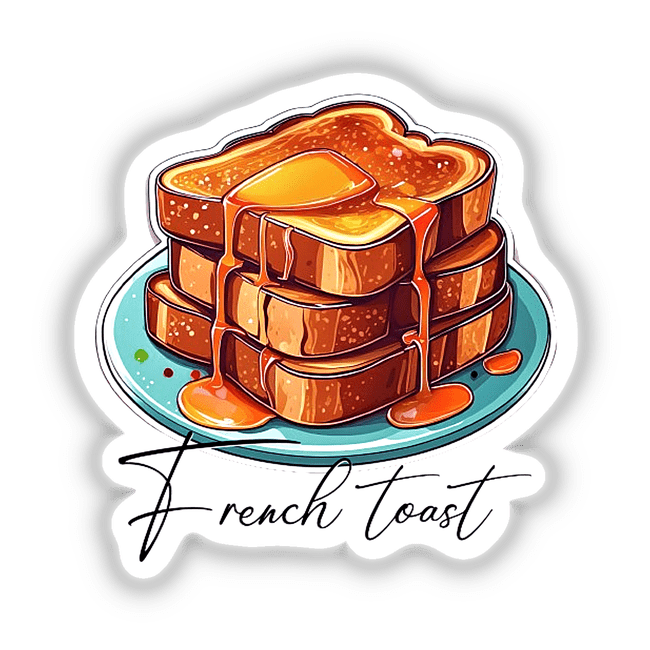 Delicious French toast stacked on a plate, surrounded by a drizzle of sweet syrup. Vibrant colors and detailed illustration showcasing the appealing texture and flavor of this classic breakfast dish.