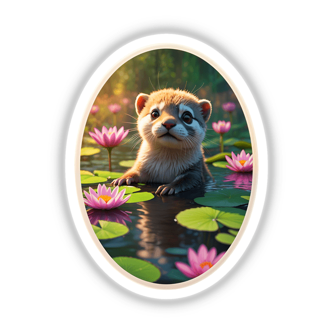 Cute Otter In The Water artwork depicts a cartoon otter playfully floating among lily pads, available as stickers or digital artwork from Decal Venue, specializing in unique designs.