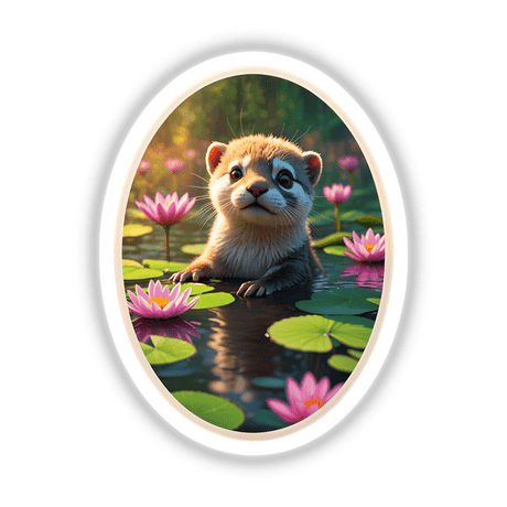 Cute Otter In The Water artwork depicts a cartoon otter playfully floating among lily pads, available as stickers or digital artwork from Decal Venue, specializing in unique designs.