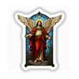 Stained Glass Archangel Michael Clipart features a painting of a man with wings, inspired by church stained glass, available as Christian stickers or digital artwork with commercial rights.