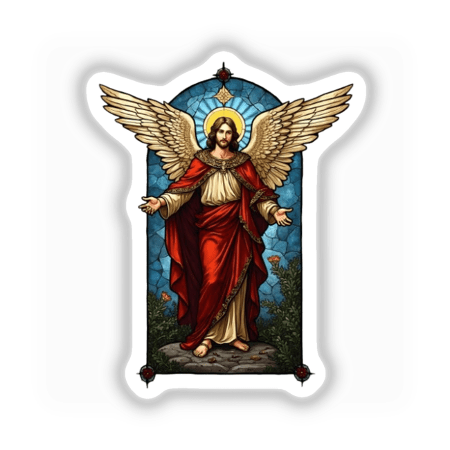 Stained Glass Archangel Michael Clipart features a painting of a man with wings, inspired by church stained glass, available as Christian stickers or digital artwork with commercial rights.