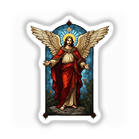 Stained Glass Archangel Michael Clipart features a painting of a man with wings, inspired by church stained glass, available as Christian stickers or digital artwork with commercial rights.