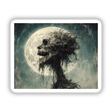 Skull entwined with vines and roots beneath a full moon, titled Scream. Available as stickers or digital artwork from Decal Venue.