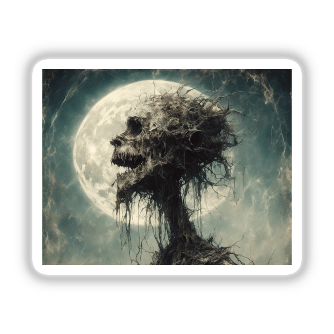 Skull entwined with vines and roots beneath a full moon, titled Scream. Available as stickers or digital artwork from Decal Venue.