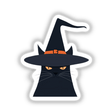 Halloween Black Cat in Witch Hat: Illustration of a black cat with bright eyes wearing a whimsical witch hat, available as stickers or digital artwork from Decal Venue.