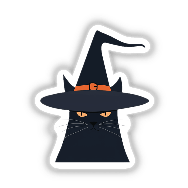 Halloween Black Cat in Witch Hat: Illustration of a black cat with bright eyes wearing a whimsical witch hat, available as stickers or digital artwork from Decal Venue.