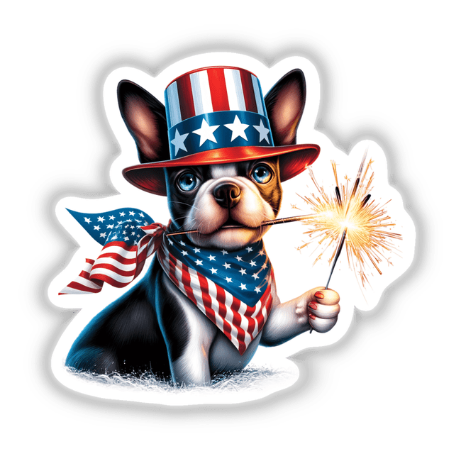 Boston Terrier Dog Holding Sparkler 4th of July Patriotic