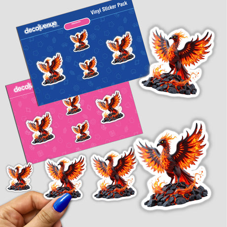 Molten Lava Phoenix sticker featuring a bird with fiery wings, available as stickers or digital artwork from Decal Venue.