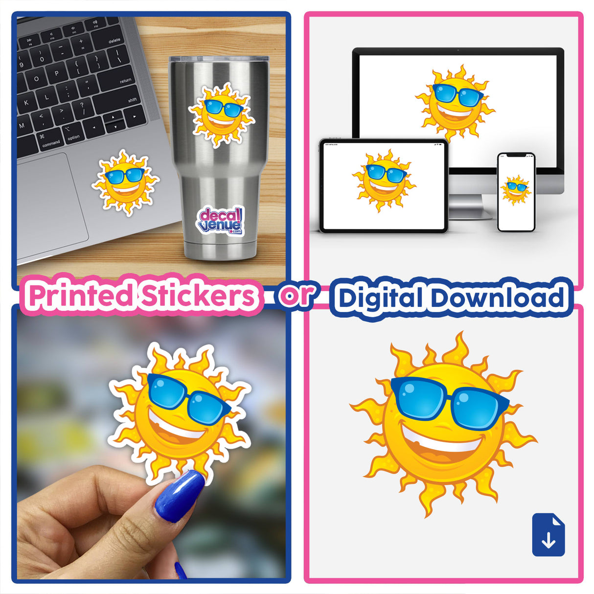 Collage featuring the Summer Sun Wearing Sunglasses sticker, depicted on laptops and cups, showcasing its vibrant design. Available in Sticker Pack or as single stickers from Decal Venue.
