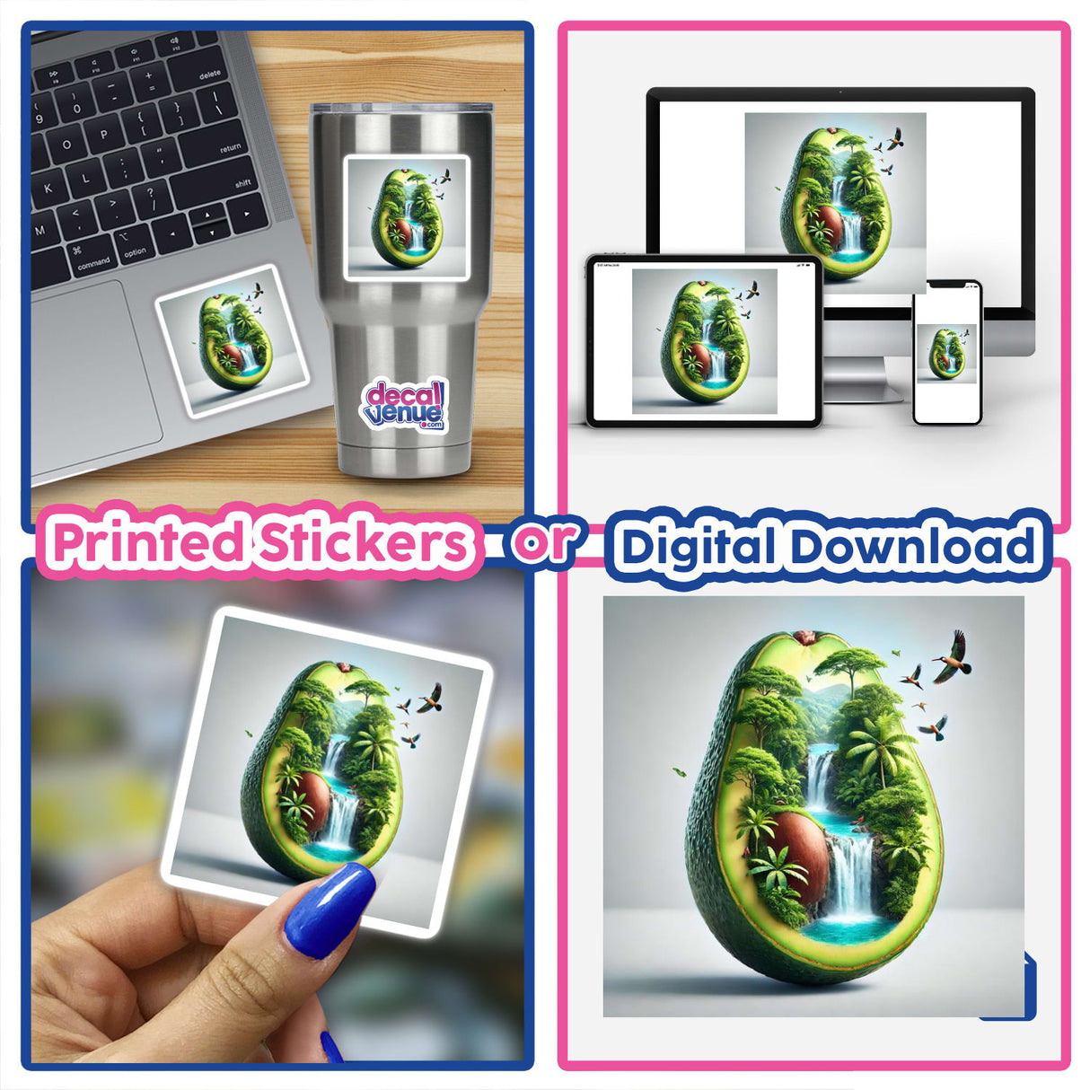 Collage showcasing the Rainforest Retreat Jungle Paradise Inside an Avocado artwork, featuring avocados with waterfalls and birds, available as stickers or digital art.