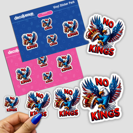 No Kings American Bald Eagle sticker featuring a cartoon eagle clutching a crown, embodying a bold graphic design. Available as both a sticker and digital artwork from Decal Venue.