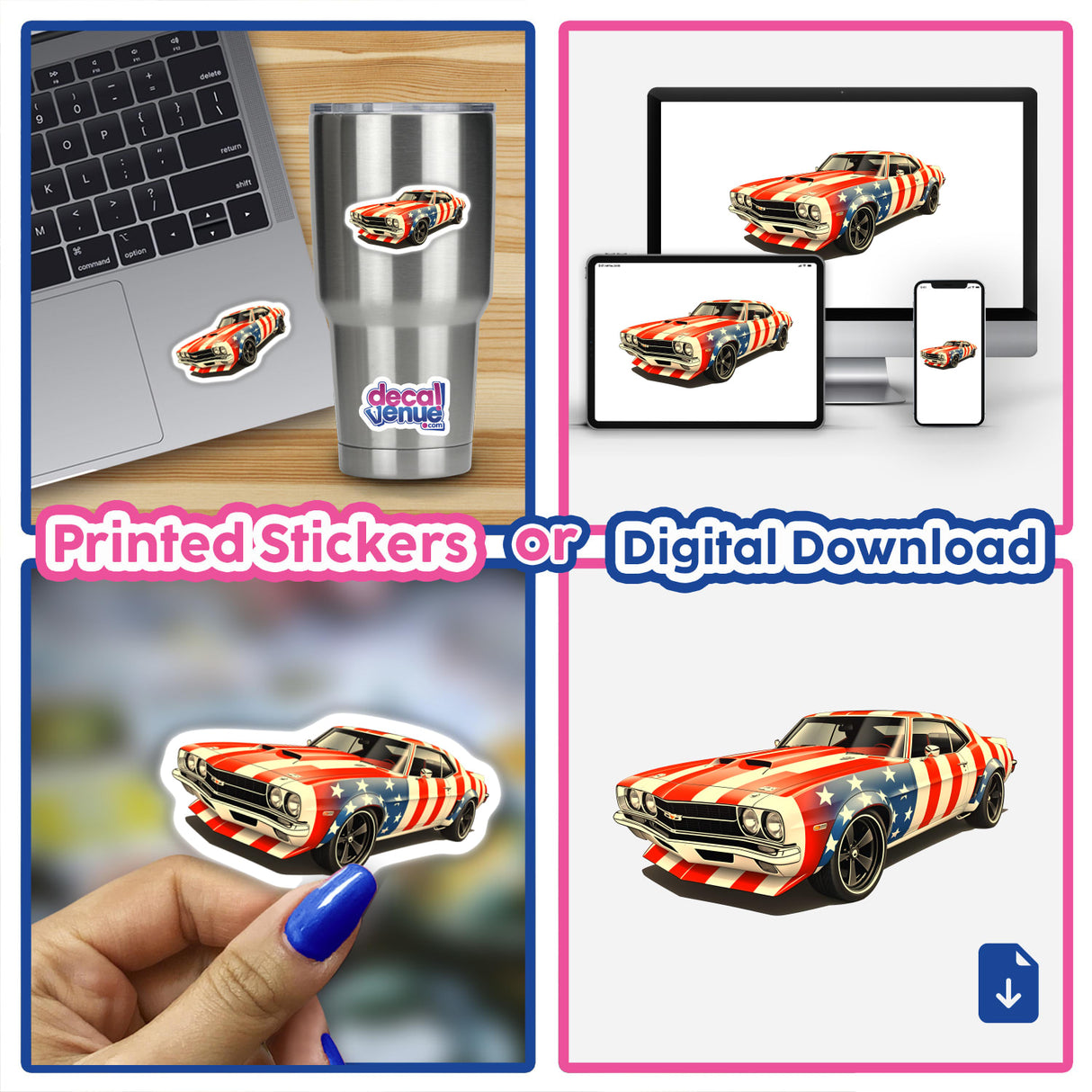 Collage featuring A Cool American Flag Muscle Car with stars and stripes design, alongside a laptop showcasing a sticker, representing Decal Venue's unique vinyl stickers and digital art offerings.