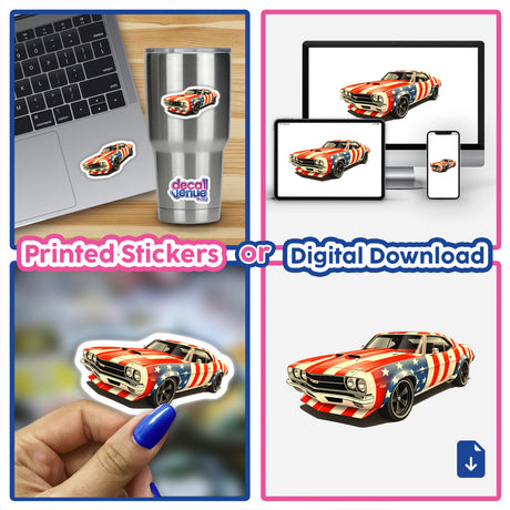 Collage featuring A Cool American Flag Muscle Car with stars and stripes design, alongside a laptop showcasing a sticker, representing Decal Venue's unique vinyl stickers and digital art offerings.