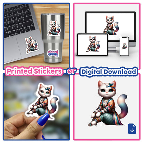 Fashionable Cat stickers and digital artwork collage, featuring cats in garments, cartoon cats, and stickers on a laptop and cup.