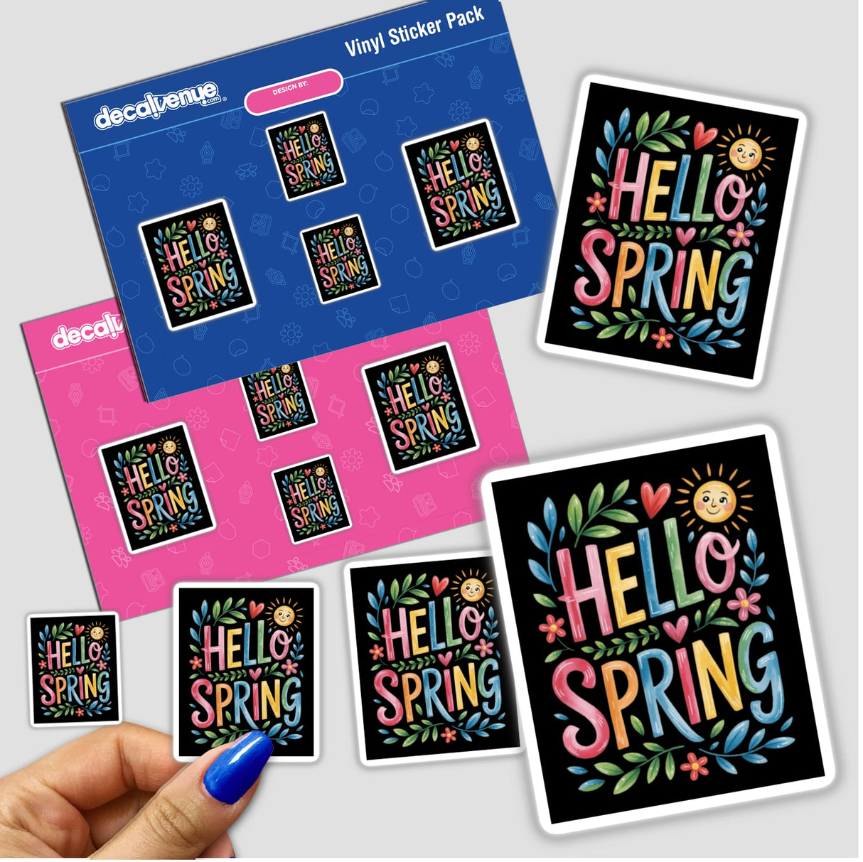 Hello Spring Sticker & Clipart featuring cute floral designs and a sun graphic, available as stickers or digital artwork, ideal for adding a spring touch to any project.