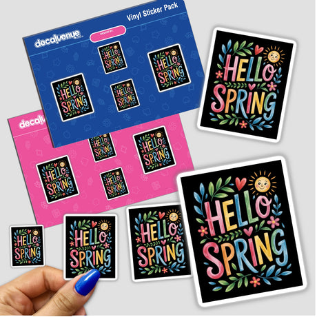 Hello Spring Sticker & Clipart featuring cute floral designs and a sun graphic, available as stickers or digital artwork, ideal for adding a spring touch to any project.